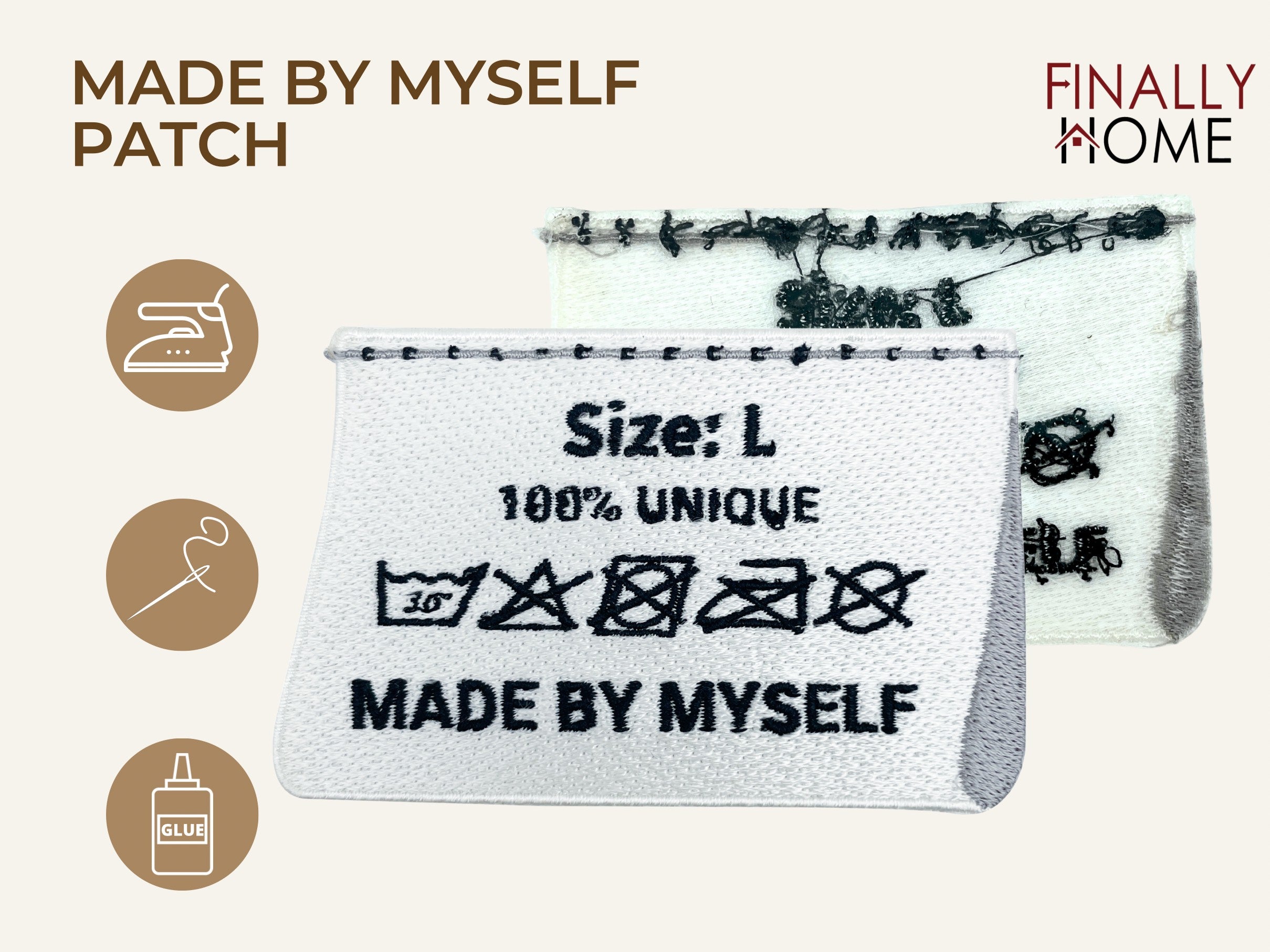 Vorder- und Rückseite des Patches, mit Bügelfolie. „Finally Home“ Logo und Nutzungsoptionen: Aufbügeln, Aufnähen, Aufkleben mit Textilkleber