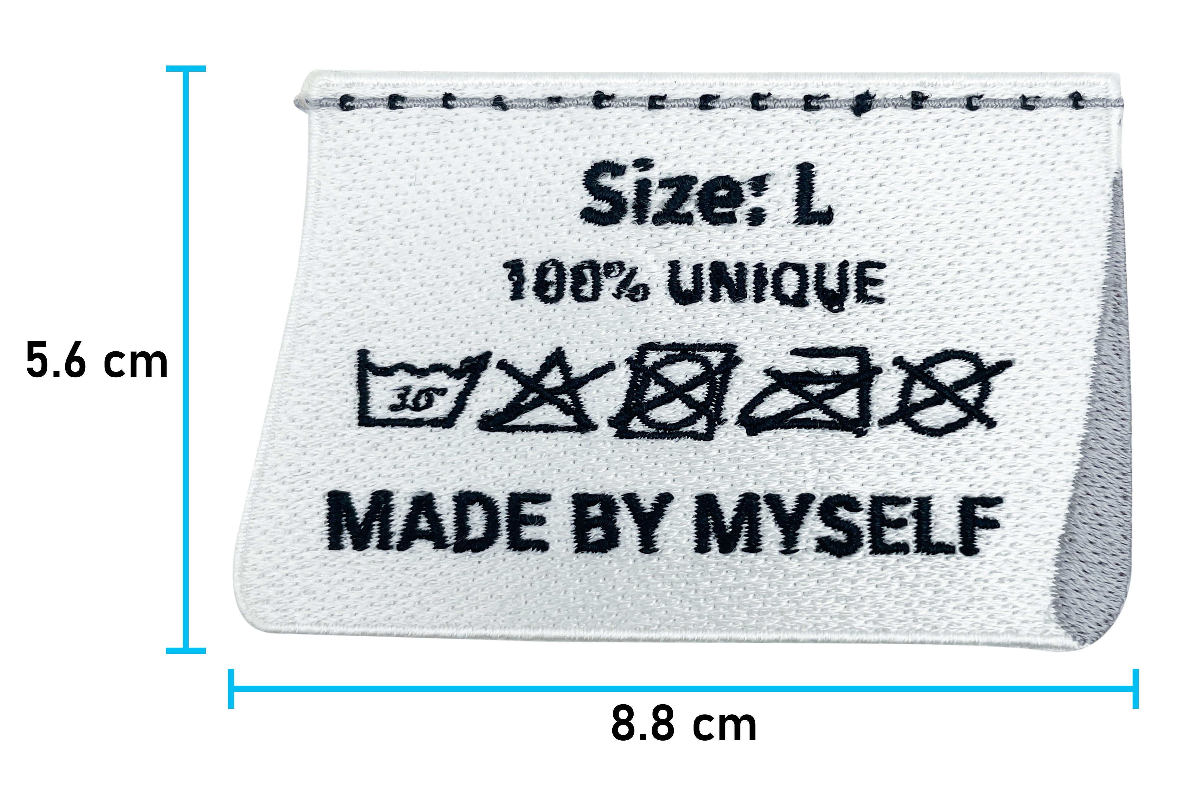 Etikett Patch mit der Maße: 5,6 x 8,8 cm