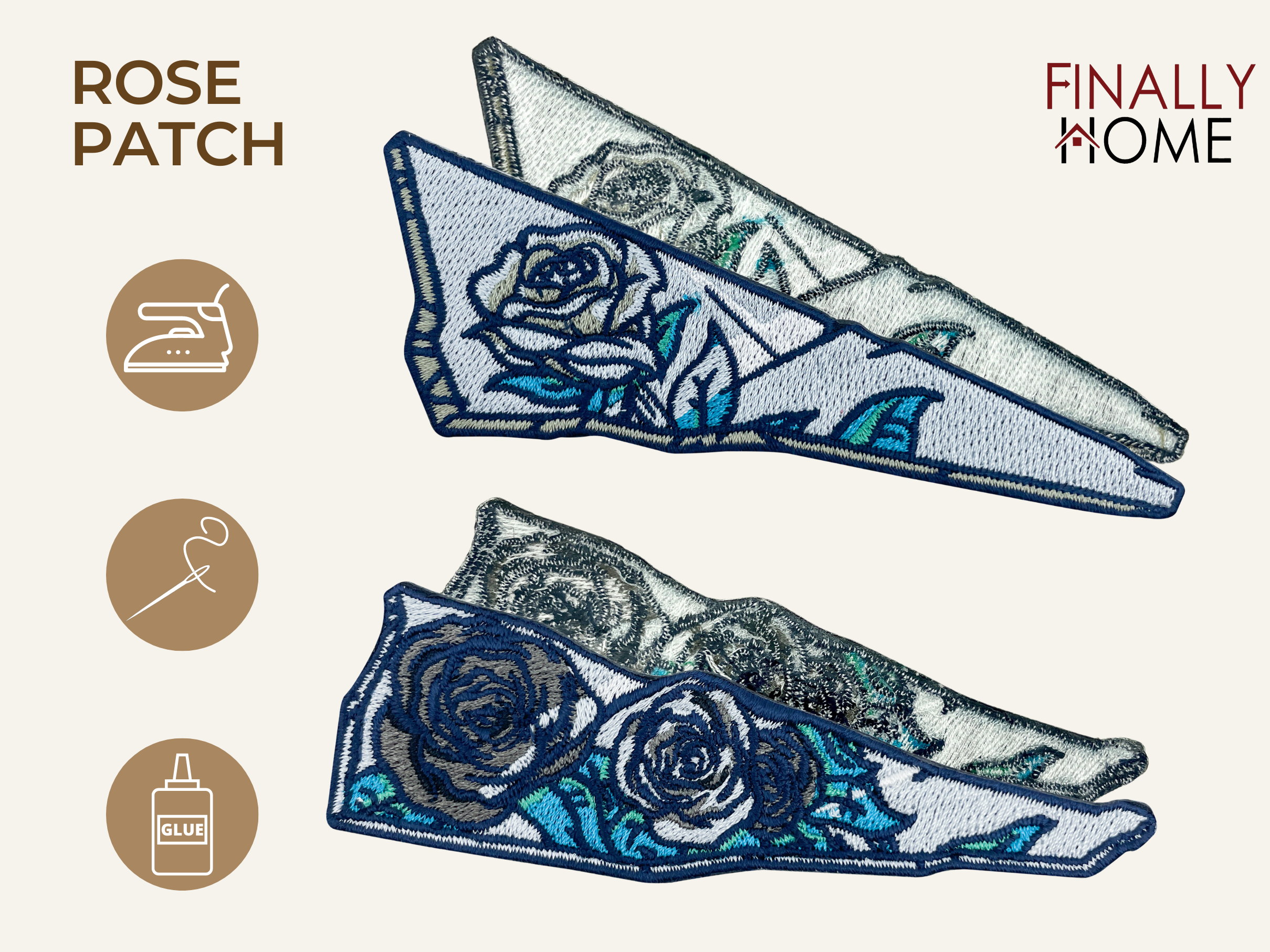 Vorder- und Rückseite der Patches, mit Bügelfolie. „Finally Home“ Logo und Nutzungsoptionen: Aufbügeln, Aufnähen, Aufkleben mit Textilkleber