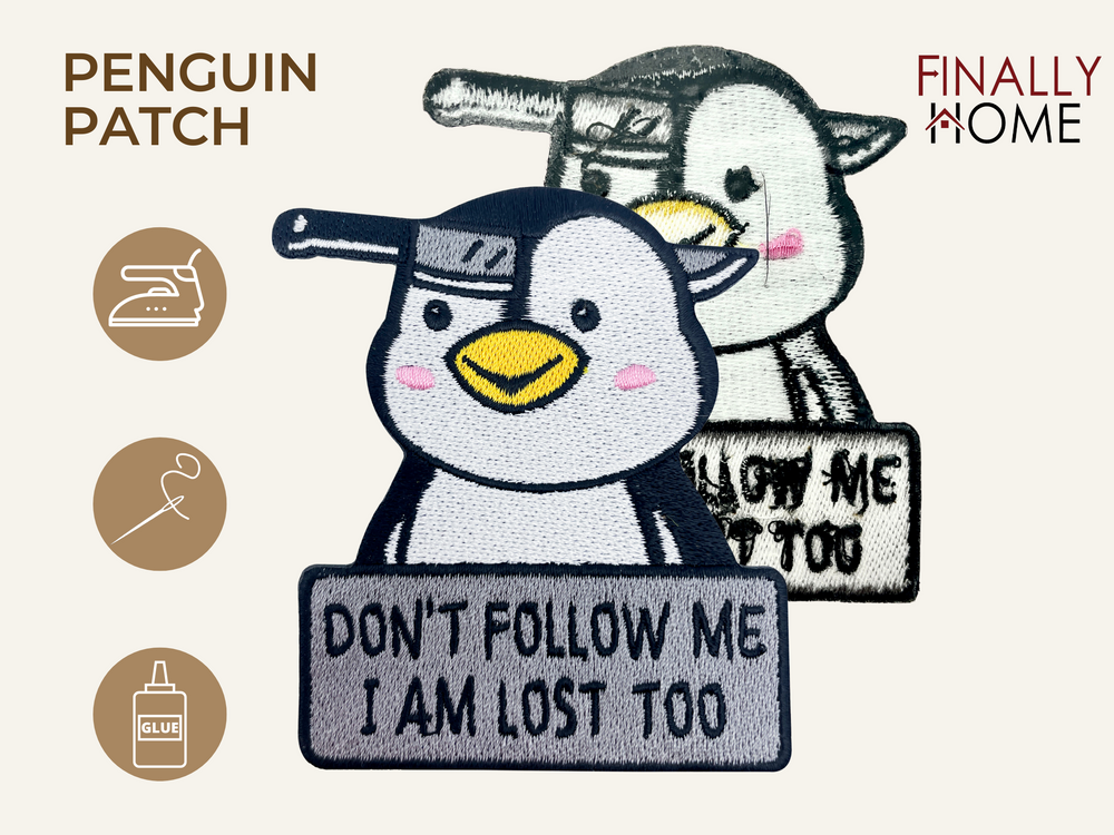 Vorder- und Rückseite des Patches, mit Bügelfolie. „Finally Home“ Logo und Nutzungsoptionen: Aufbügeln, Aufnähen, Aufkleben mit Textilkleber