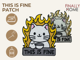 Vorder- und Rückseite des Patches, mit Bügelfolie. „Finally Home“ Logo und Nutzungsoptionen: Aufbügeln, Aufnähen, Aufkleben mit Textilkleber