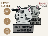 Vorder- und Rückseite des Patches, mit Bügelfolie. „Finally Home“ Logo und Nutzungsoptionen: Aufbügeln, Aufnähen, Aufkleben mit Textilkleber