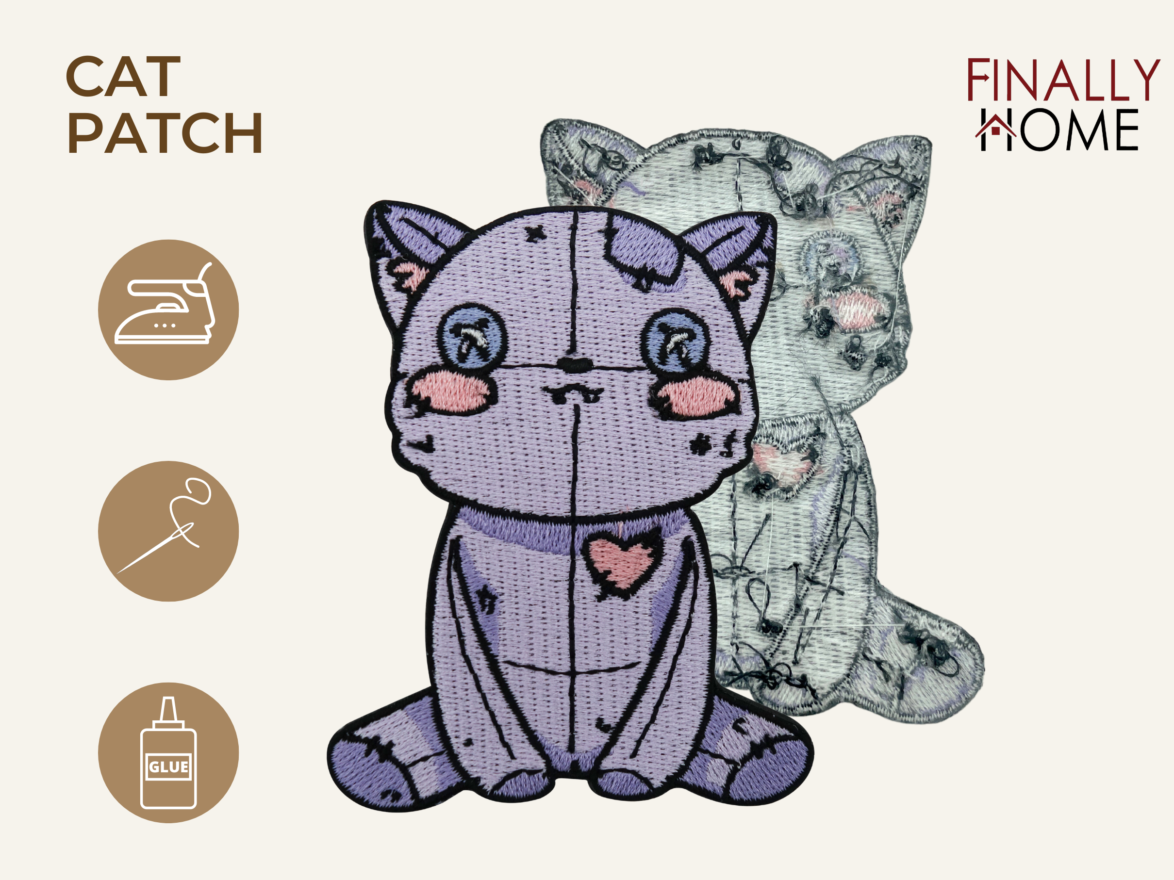 Vorder- und Rückseite des Patches, mit Bügelfolie. „Finally Home“ Logo und Nutzungsoptionen: Aufbügeln, Aufnähen, Aufkleben mit Textilkleber
