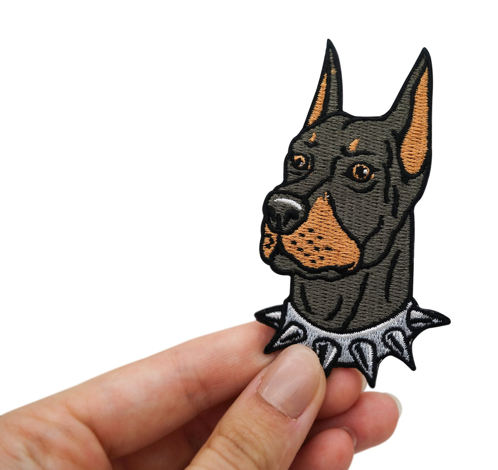 Dobermann Patch gehalten von einer Frauenhand 