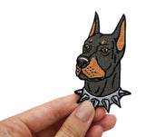 Dobermann Patch gehalten von einer Frauenhand 