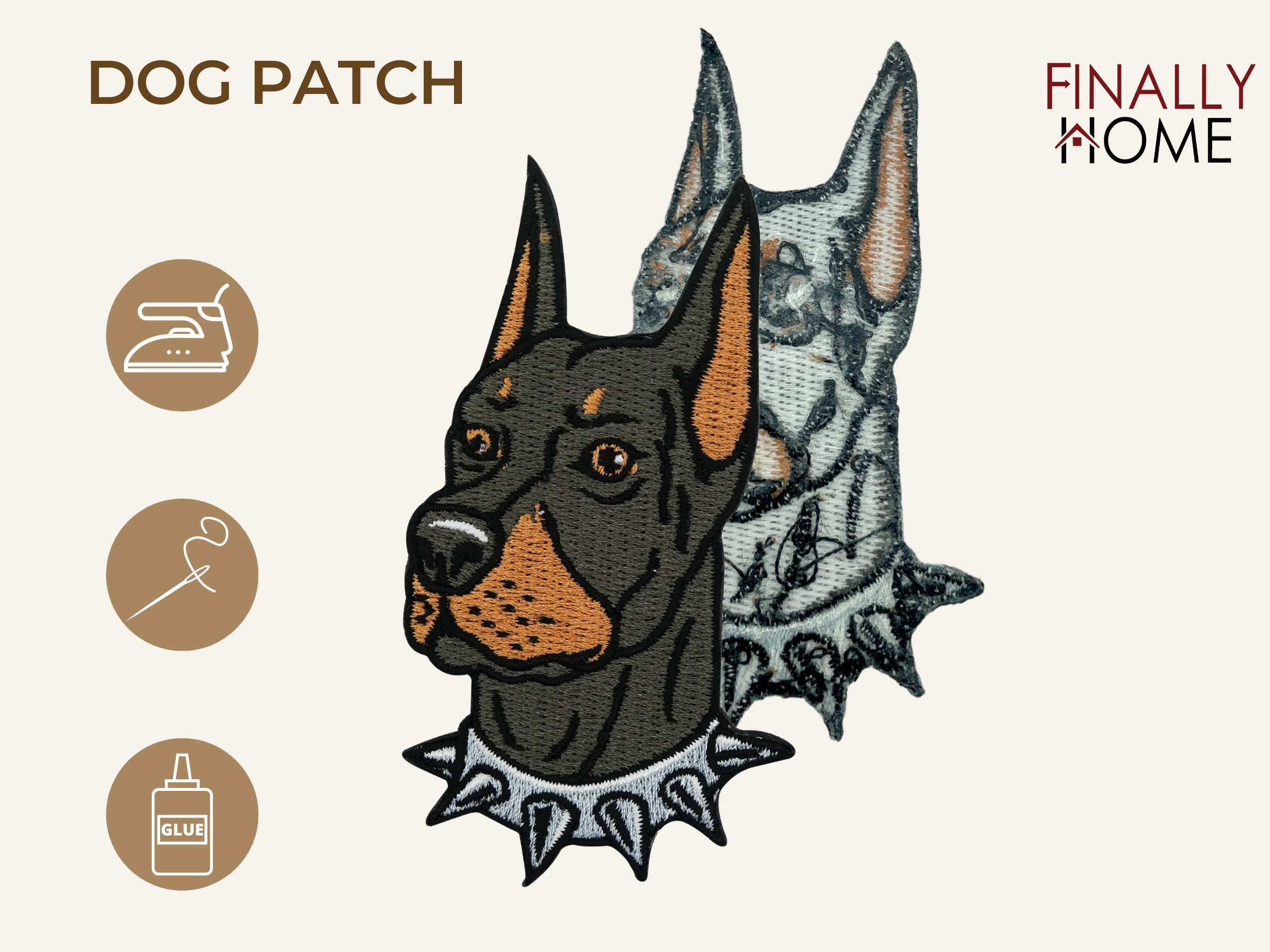 Vorder- und Rückseite des Patches, mit Bügelfolie. „Finally Home“ Logo und Nutzungsoptionen: Aufbügeln, Aufnähen, Aufkleben mit Textilkleber