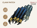 Vorder- und Rückseite des Patches, mit Bügelfolie. „Finally Home“ Logo und Nutzungsoptionen: Aufbügeln, Aufnähen, Aufkleben mit Textilkleber