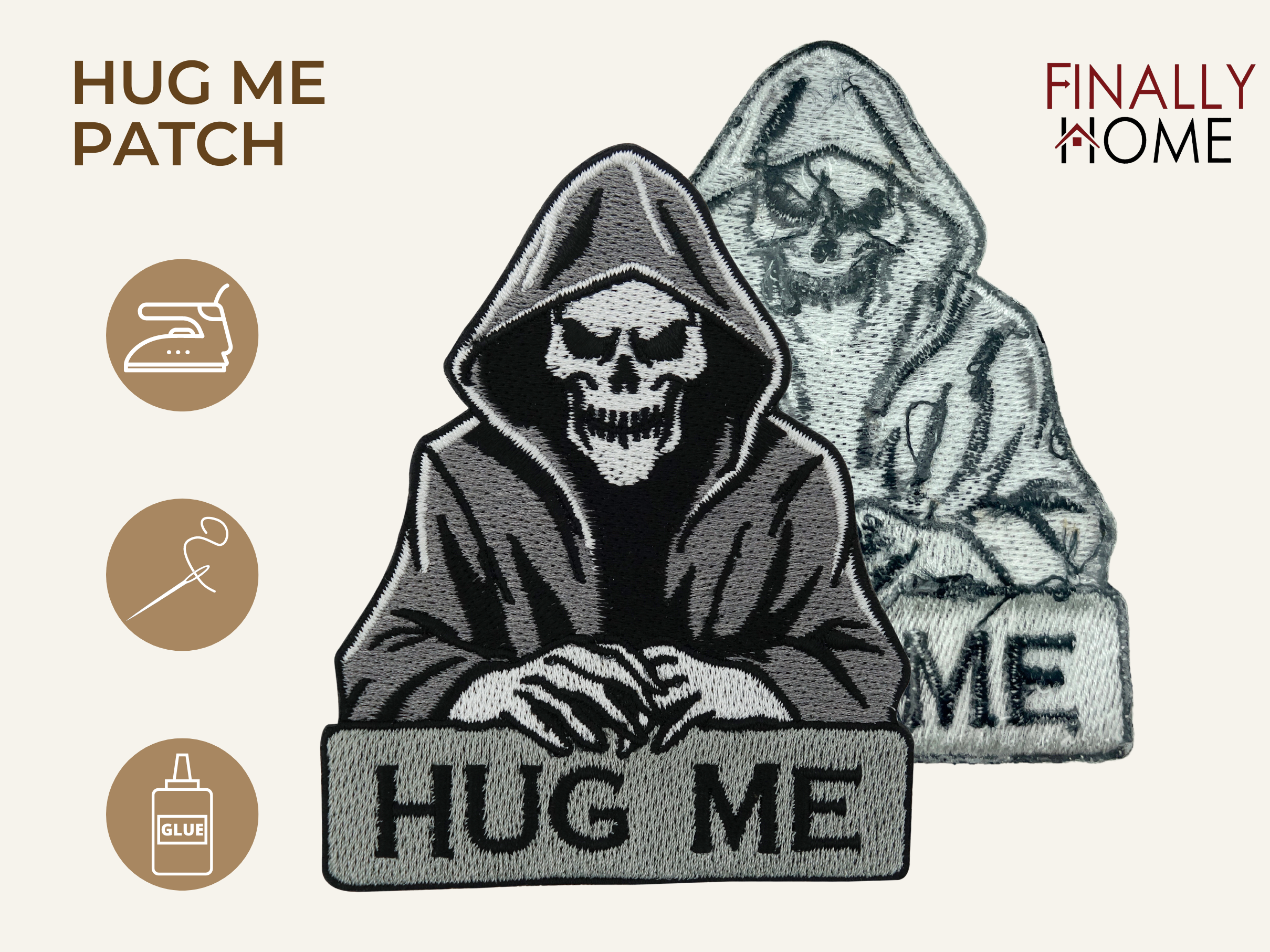 Vorder- und Rückseite des Patches, mit Bügelfolie. „Finally Home“ Logo und Nutzungsoptionen: Aufbügeln, Aufnähen, Aufkleben mit Textilkleber