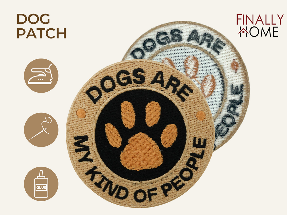 Vorder- und Rückseite des Patches, mit Bügelfolie. „Finally Home“ Logo und Nutzungsoptionen: Aufbügeln, Aufnähen, Aufkleben mit Textilkleber