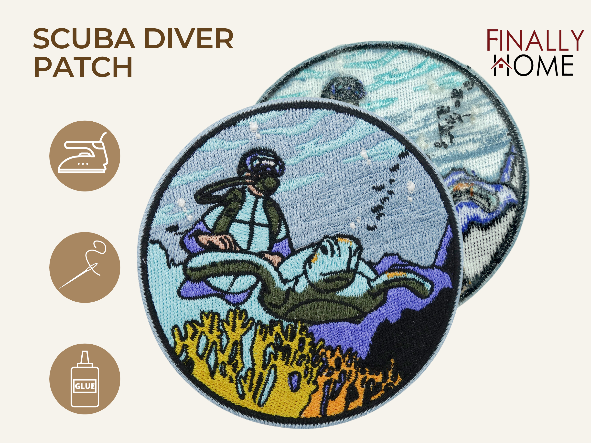 Vorder- und Rückseite des Patches, mit Bügelfolie. „Finally Home“ Logo und Nutzungsoptionen: Aufbügeln, Aufnähen, Aufkleben mit Textilkleber