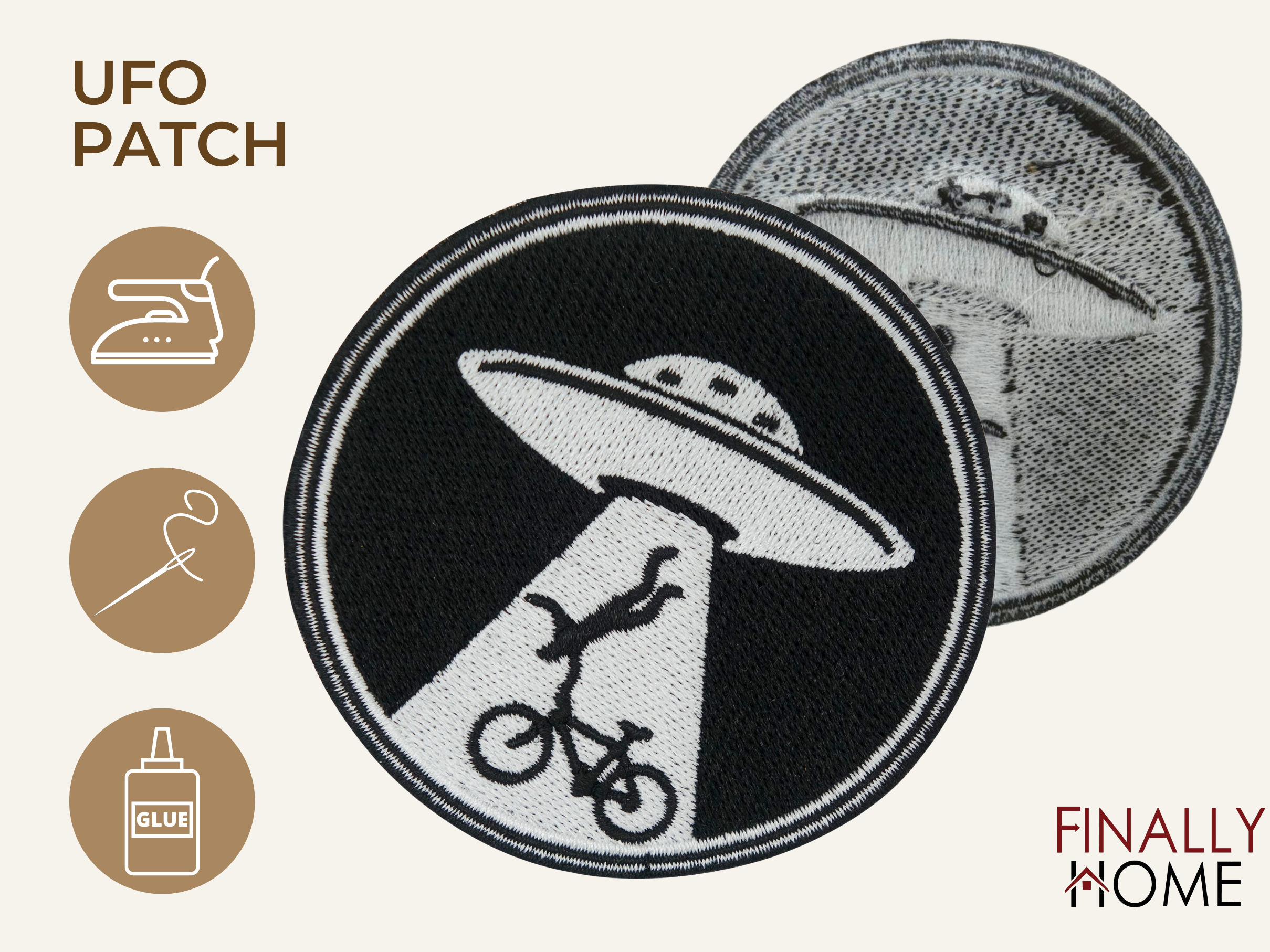 Vorder- und Rückseite des Patches, mit Bügelfolie. „Finally Home“ Logo und Nutzungsoptionen: Aufbügeln, Aufnähen, Aufkleben mit Textilkleber