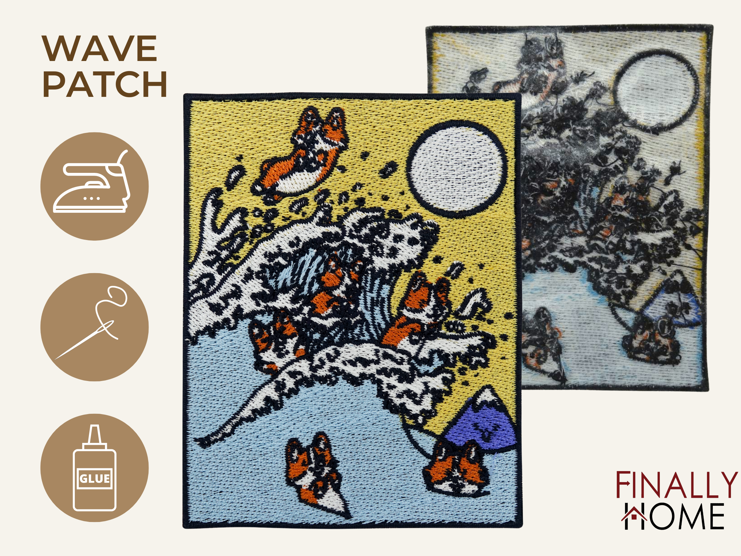 Vorder- und Rückseite des Patches, mit Bügelfolie. „Finally Home“ Logo und Nutzungsoptionen: Aufbügeln, Aufnähen, Aufkleben mit Textilkleber