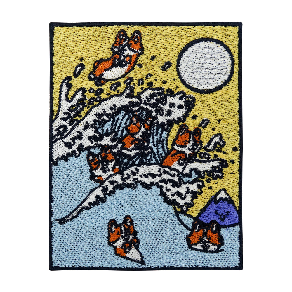Blau-gelber Welpen reiten auf einer Welle Patch