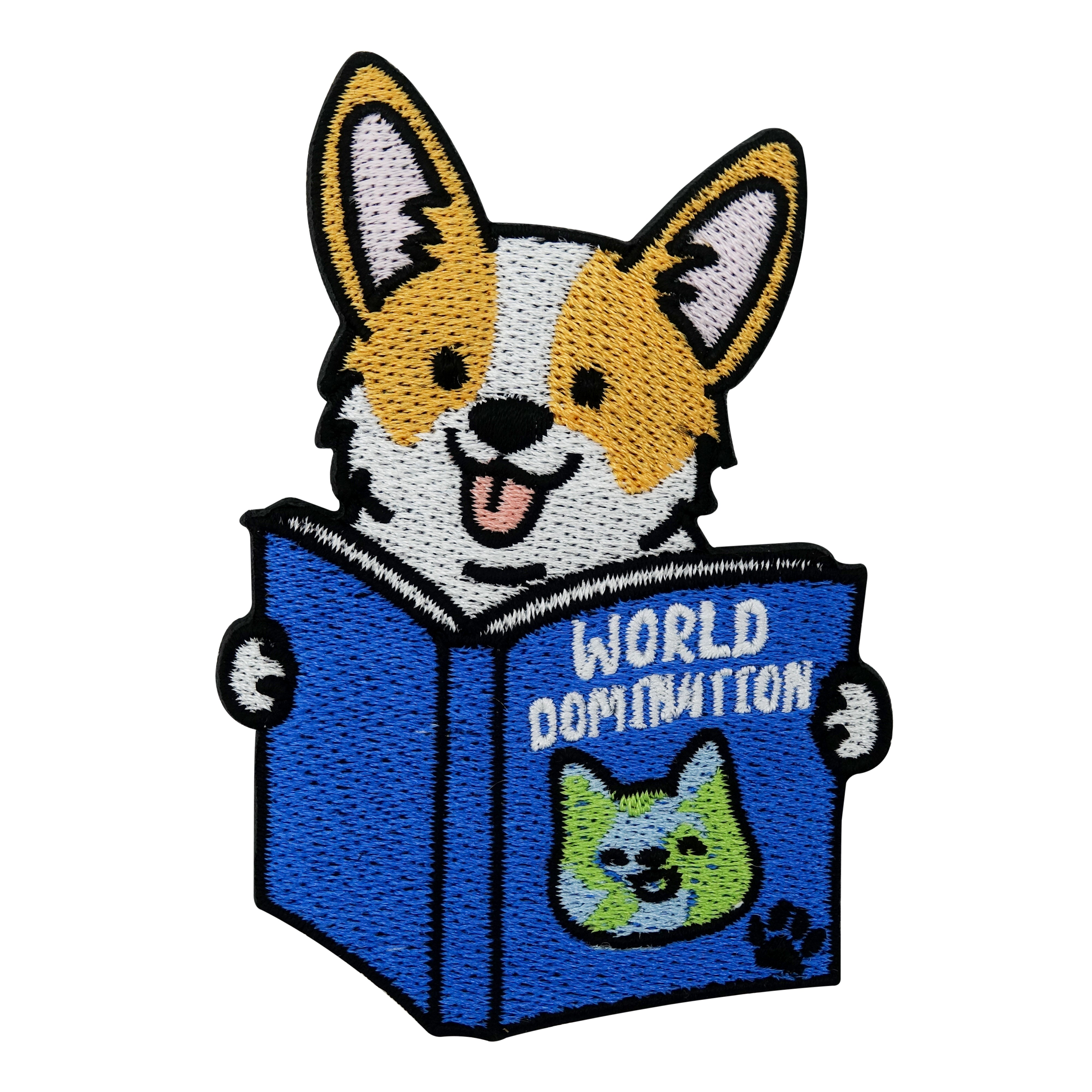 Blau-Brauner Hund liest World Domination Buch Patch