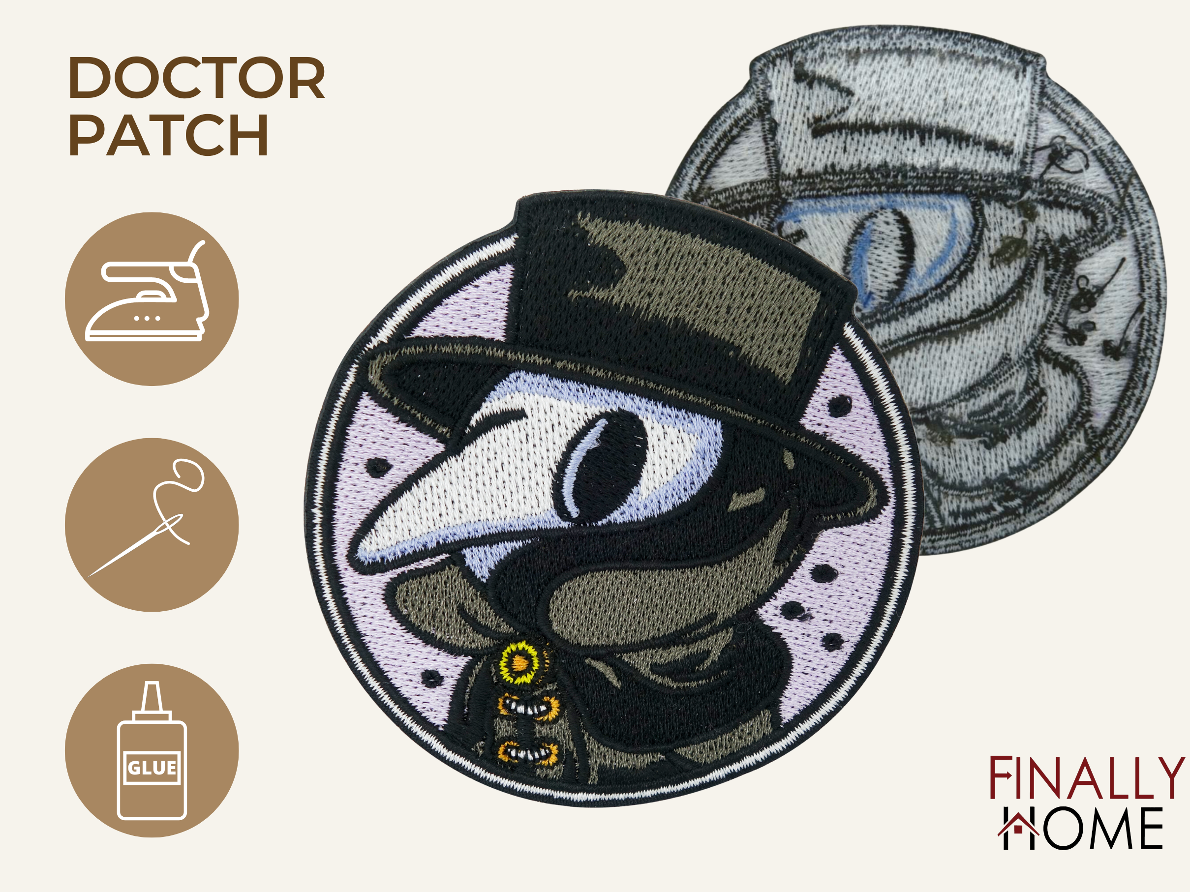 Vorder- und Rückseite des Patches, mit Bügelfolie. „Finally Home“ Logo und Nutzungsoptionen: Aufbügeln, Aufnähen, Aufkleben mit Textilkleber