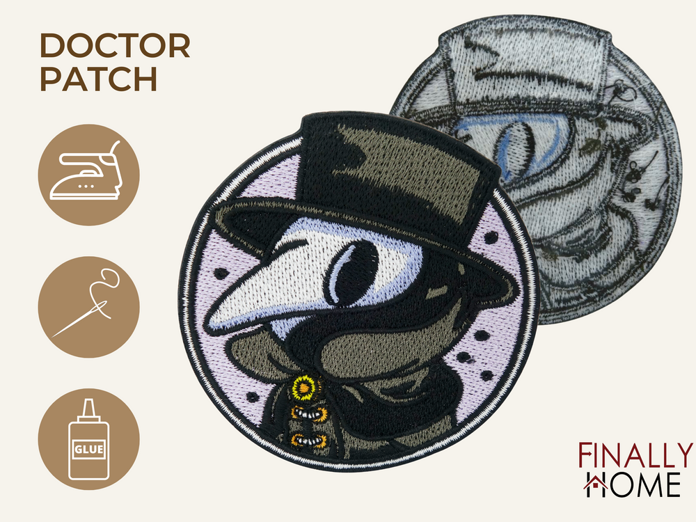 Vorder- und Rückseite des Patches, mit Bügelfolie. „Finally Home“ Logo und Nutzungsoptionen: Aufbügeln, Aufnähen, Aufkleben mit Textilkleber