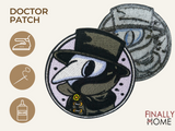 Vorder- und Rückseite des Patches, mit Bügelfolie. „Finally Home“ Logo und Nutzungsoptionen: Aufbügeln, Aufnähen, Aufkleben mit Textilkleber