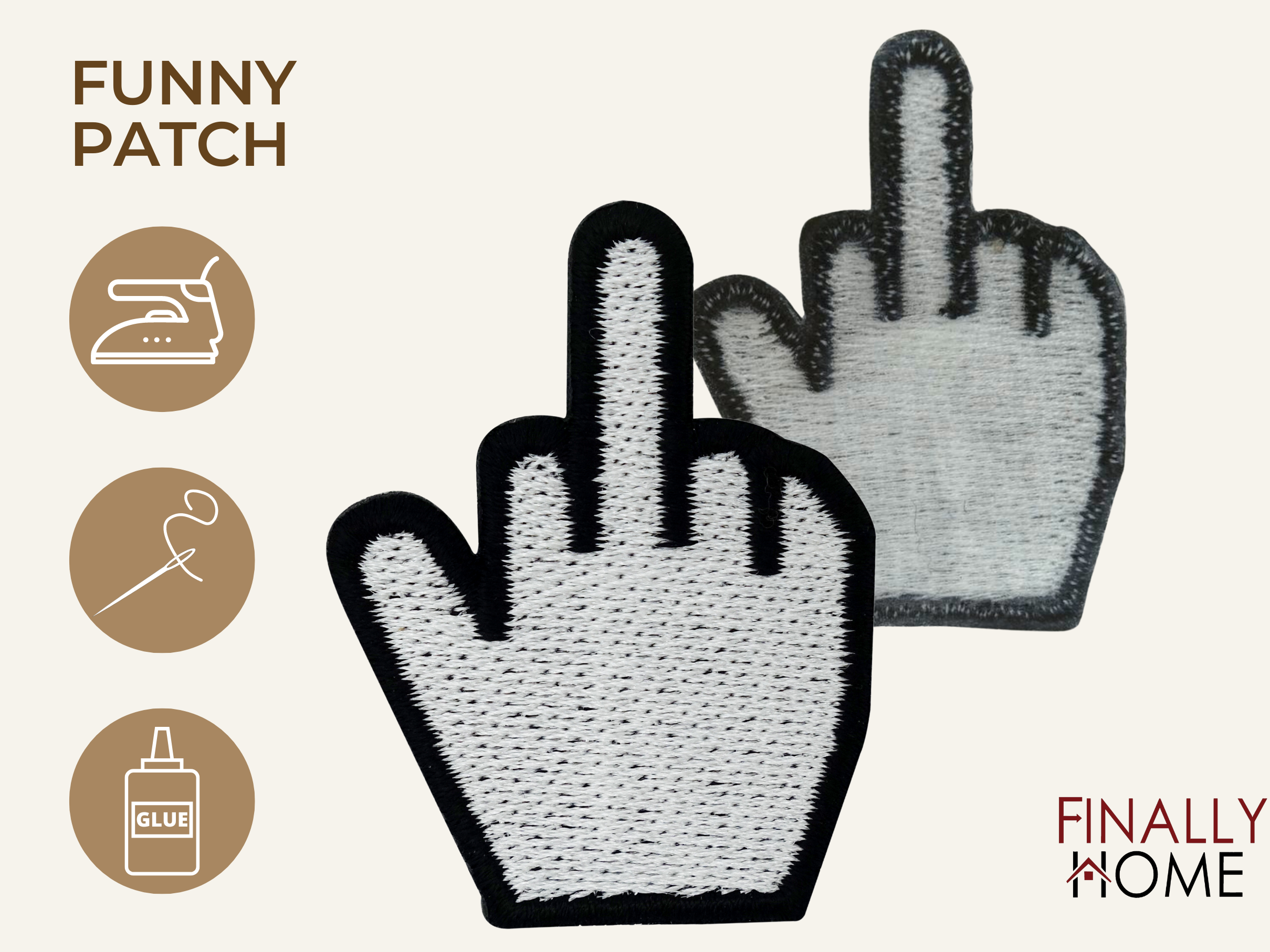 Vorder- und Rückseite des Patches, mit Bügelfolie. „Finally Home“ Logo und Nutzungsoptionen: Aufbügeln, Aufnähen, Aufkleben mit Textilkleber