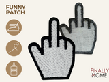Vorder- und Rückseite des Patches, mit Bügelfolie. „Finally Home“ Logo und Nutzungsoptionen: Aufbügeln, Aufnähen, Aufkleben mit Textilkleber