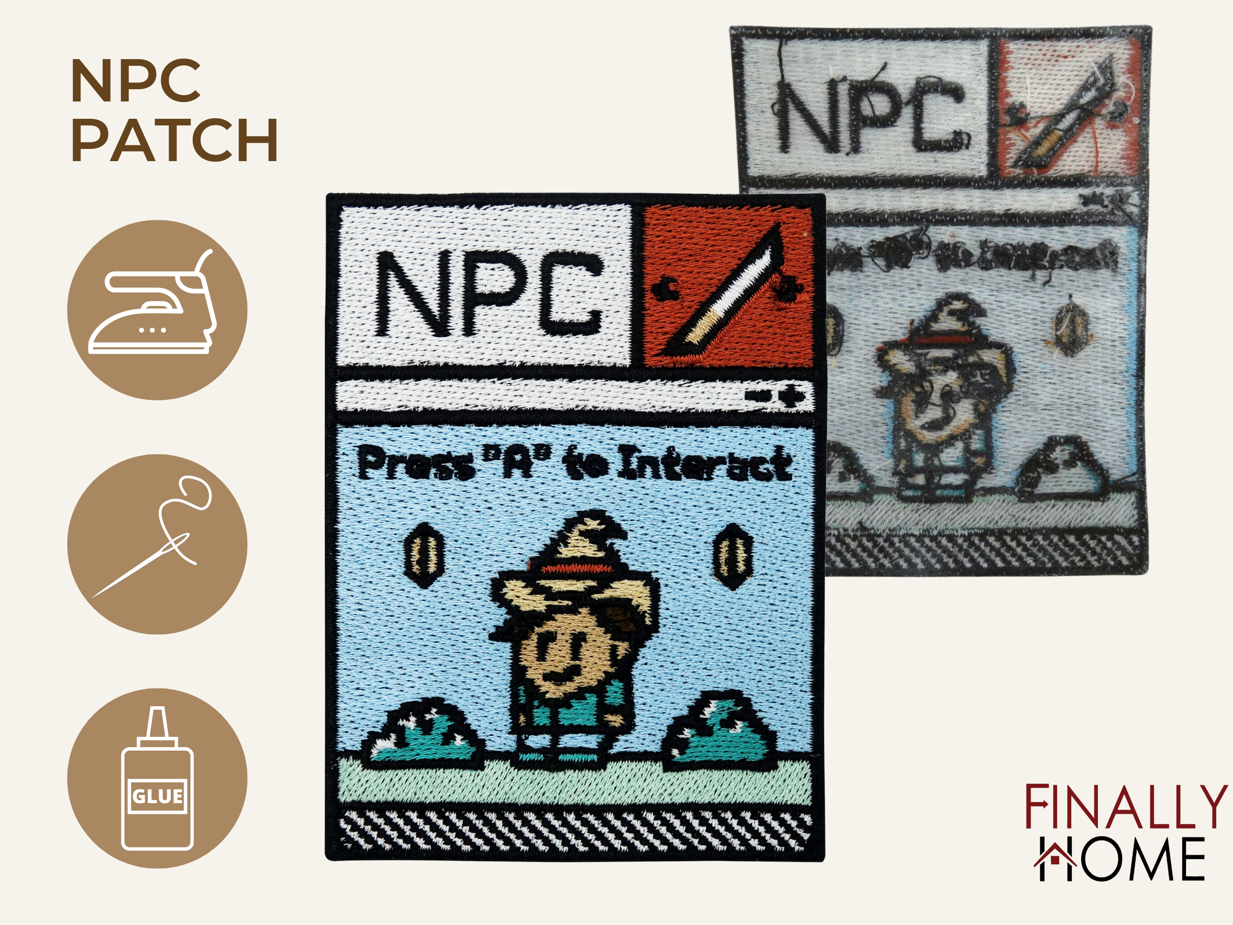 Vorder- und Rückseite des Patches, mit Bügelfolie. „Finally Home“ Logo und Nutzungsoptionen: Aufbügeln, Aufnähen, Aufkleben mit Textilkleber