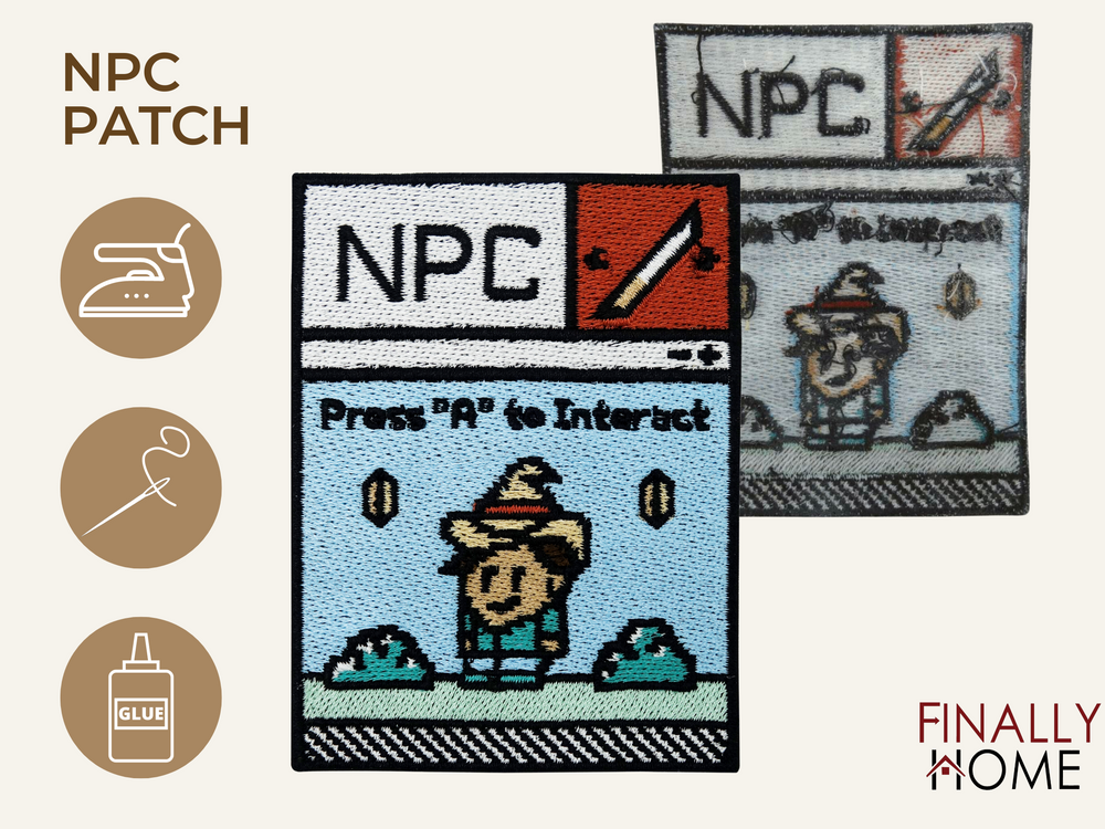 Vorder- und Rückseite des Patches, mit Bügelfolie. „Finally Home“ Logo und Nutzungsoptionen: Aufbügeln, Aufnähen, Aufkleben mit Textilkleber