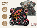 Vorder- und Rückseite des Patches, mit Bügelfolie. „Finally Home“ Logo und Nutzungsoptionen: Aufbügeln, Aufnähen, Aufkleben mit Textilkleber