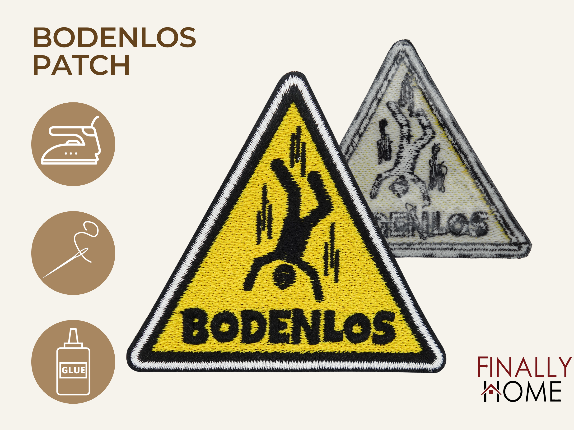 Vorder- und Rückseite des Patches, mit Bügelfolie. „Finally Home“ Logo und Nutzungsoptionen: Aufbügeln, Aufnähen, Aufkleben mit Textilkleber