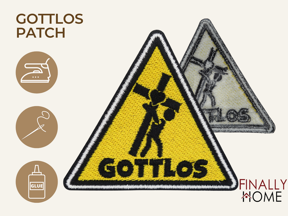 Vorder- und Rückseite des Patches, mit Bügelfolie. „Finally Home“ Logo und Nutzungsoptionen: Aufbügeln, Aufnähen, Aufkleben mit Textilkleber