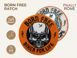 Vorder- und Rückseite des Patches, mit Bügelfolie. „Finally Home“ Logo und Nutzungsoptionen: Aufbügeln, Aufnähen, Aufkleben mit Textilkleber