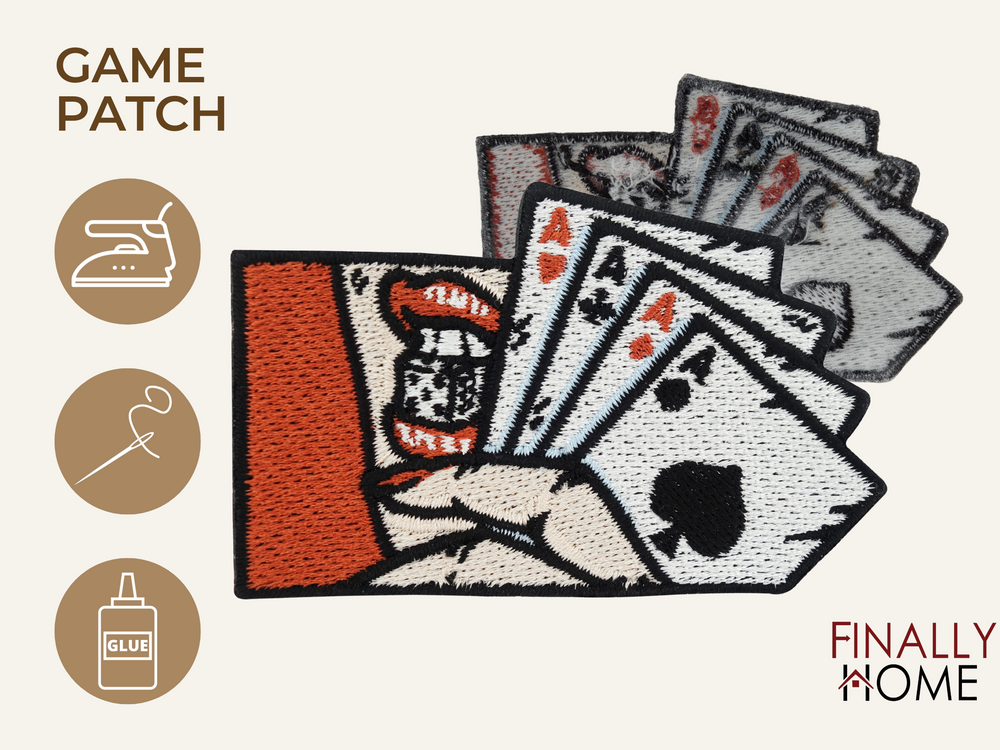 Vorder- und Rückseite des Patches, mit Bügelfolie. „Finally Home“ Logo und Nutzungsoptionen: Aufbügeln, Aufnähen, Aufkleben mit Textilkleber
