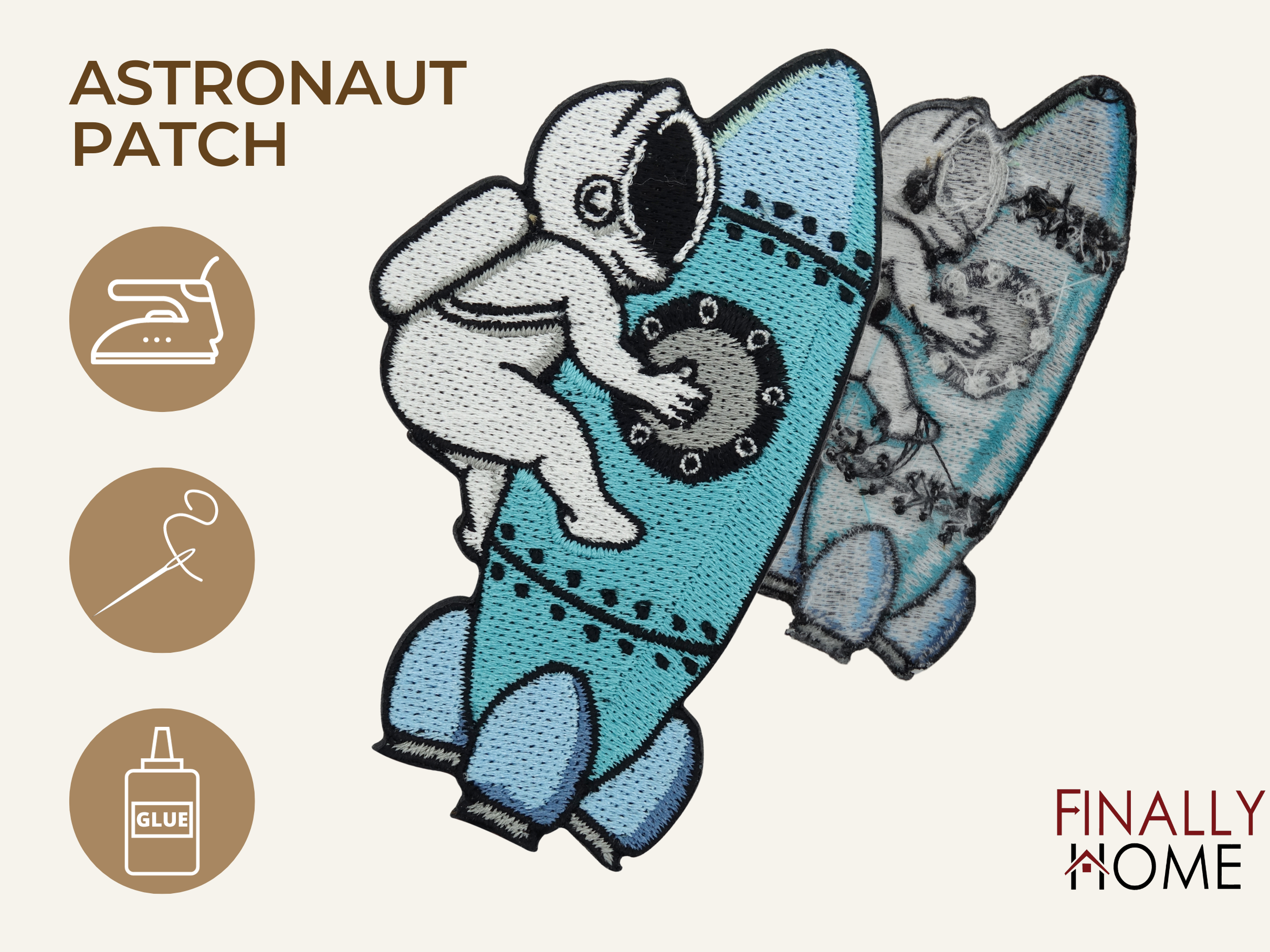 Vorder- und Rückseite des Patches, mit Bügelfolie. „Finally Home“ Logo und Nutzungsoptionen: Aufbügeln, Aufnähen, Aufkleben mit Textilkleber