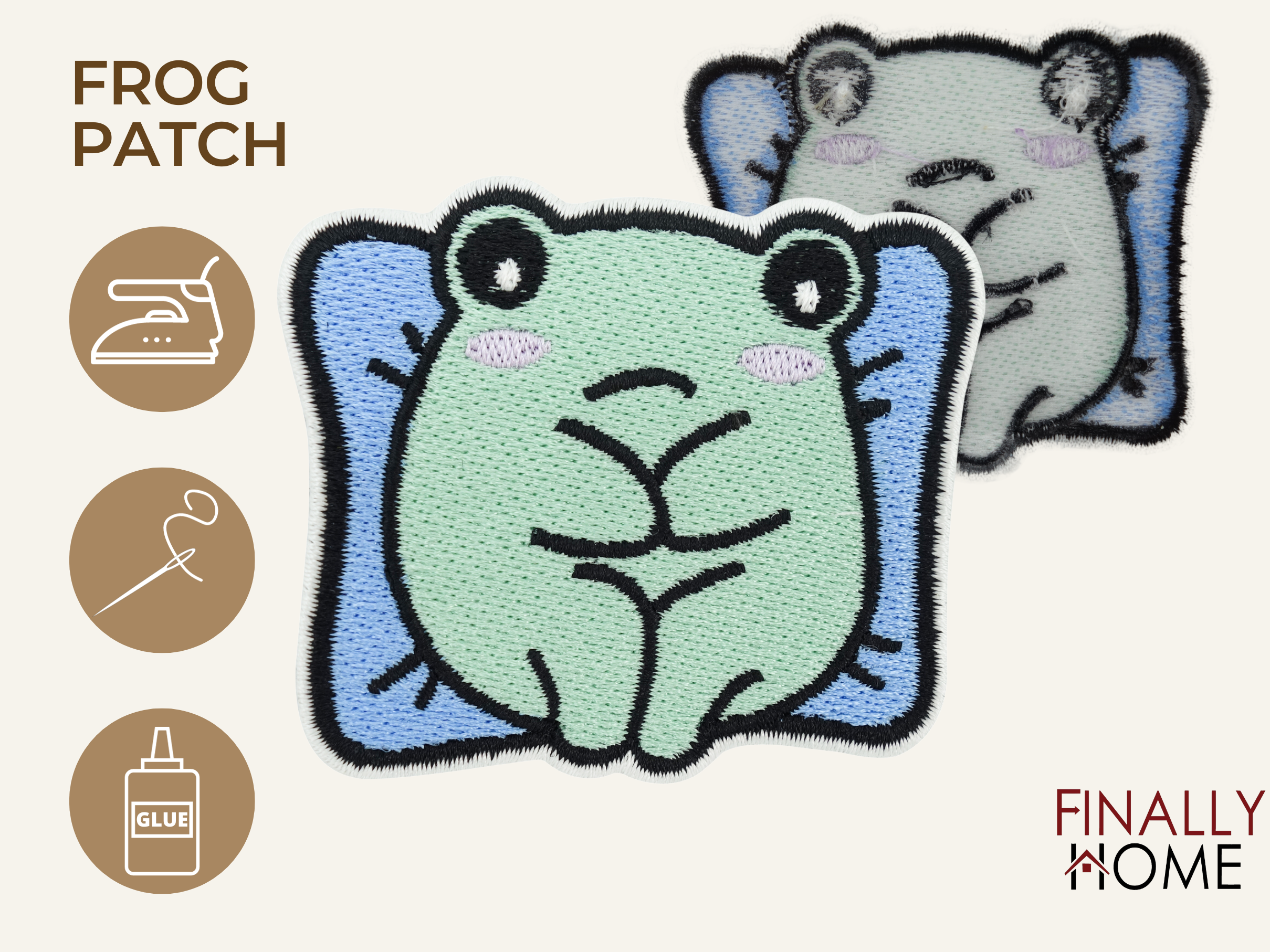 Vorder- und Rückseite des Patches, mit Bügelfolie. „Finally Home“ Logo und Nutzungsoptionen: Aufbügeln, Aufnähen, Aufkleben mit Textilkleber