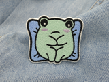 Sorgen Frosch auf hellblauer Jeans
