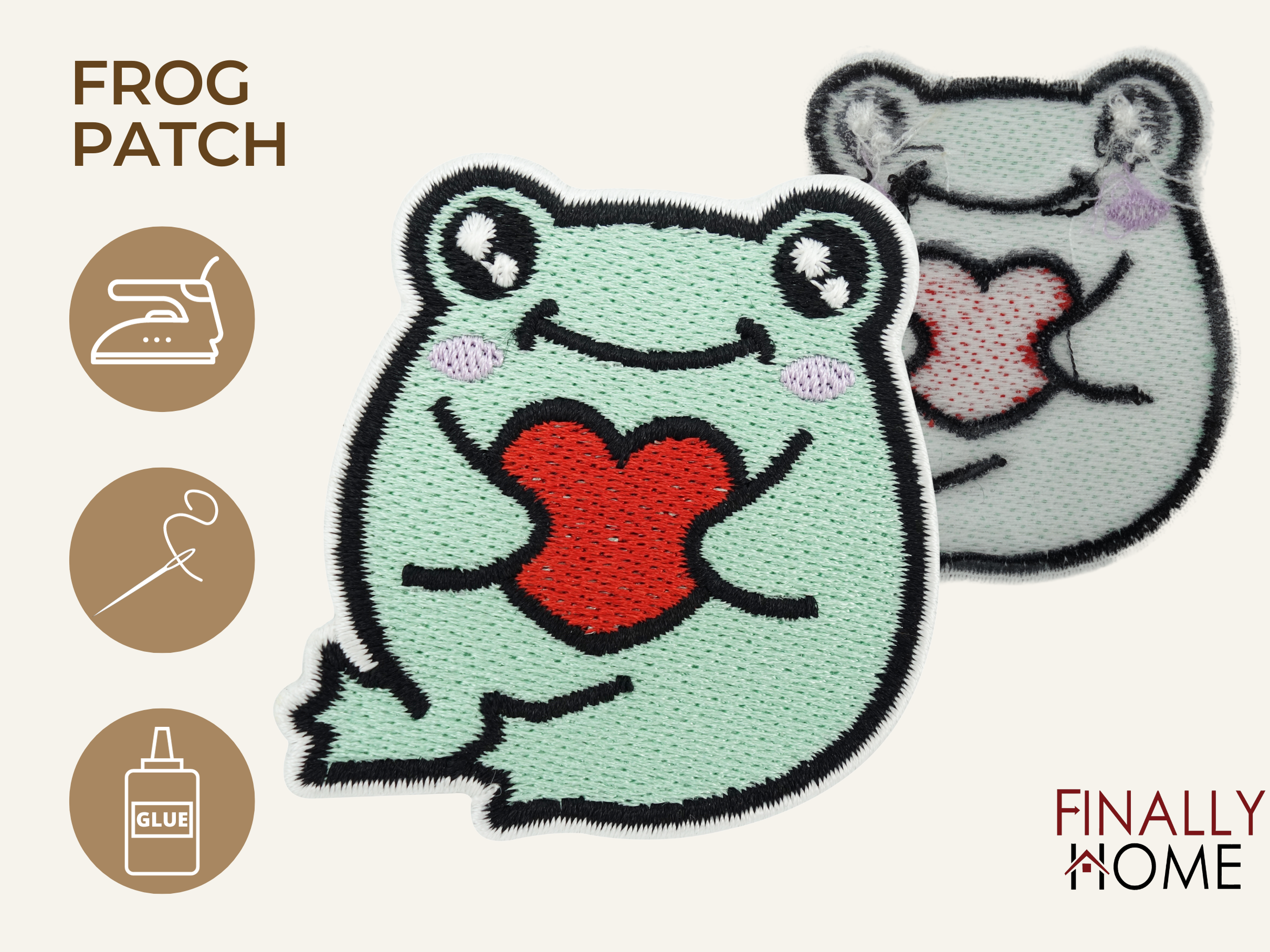 Vorder- und Rückseite des Patches, mit Bügelfolie. „Finally Home“ Logo und Nutzungsoptionen: Aufbügeln, Aufnähen, Aufkleben mit Textilkleber