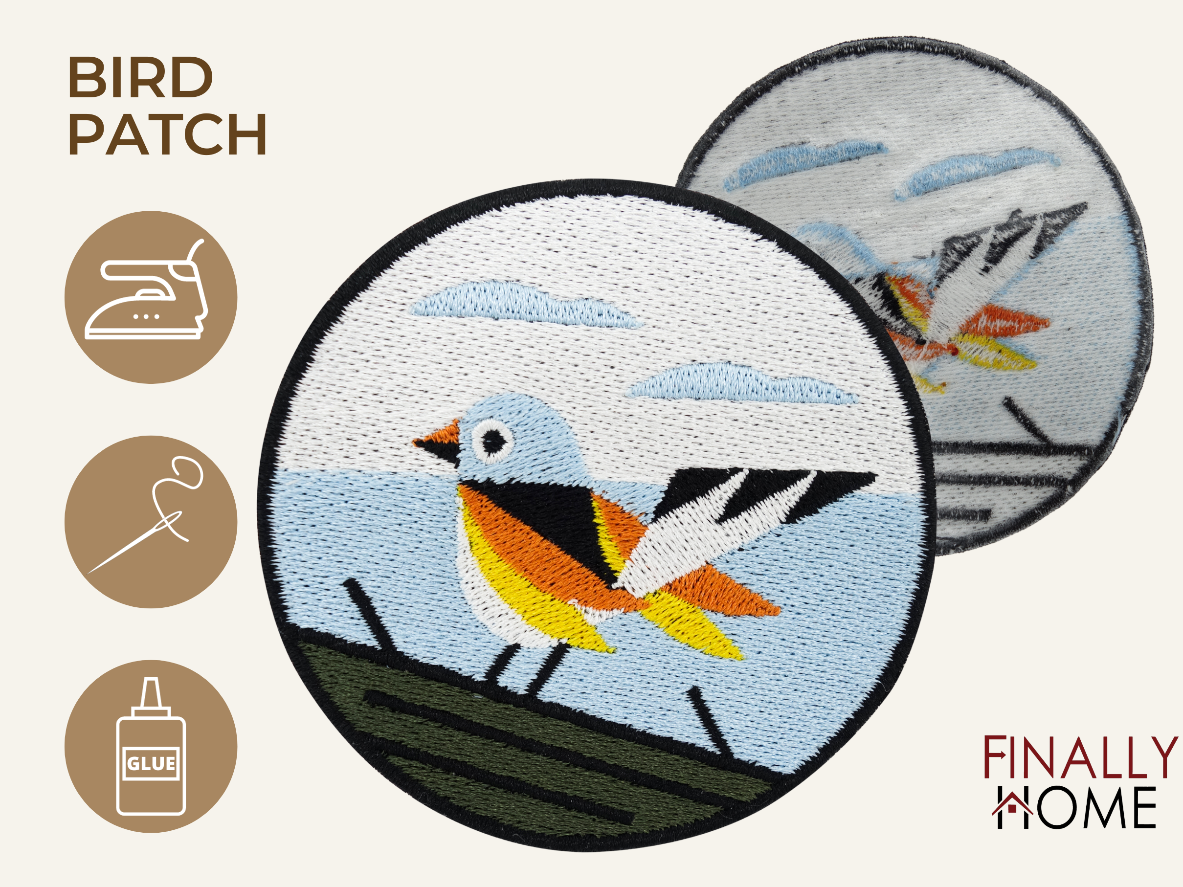 Vorder- und Rückseite des Patches, mit Bügelfolie. „Finally Home“ Logo und Nutzungsoptionen: Aufbügeln, Aufnähen, Aufkleben mit Textilkleber