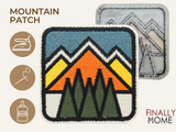 Vorder- und Rückseite des Patches, mit Bügelfolie. „Finally Home“ Logo und Nutzungsoptionen: Aufbügeln, Aufnähen, Aufkleben mit Textilkleber