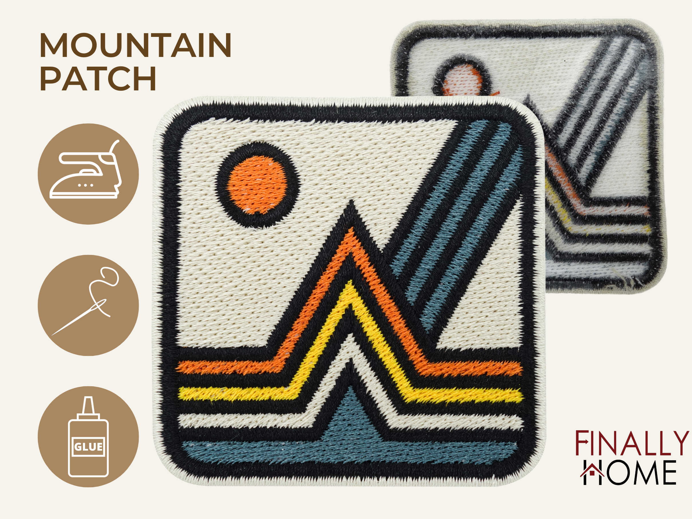 Vorder- und Rückseite des Patches, mit Bügelfolie. „Finally Home“ Logo und Nutzungsoptionen: Aufbügeln, Aufnähen, Aufkleben mit Textilkleber