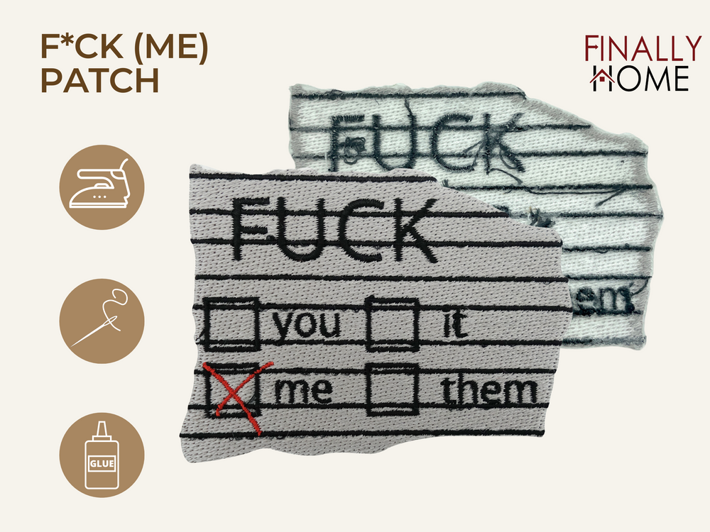 Vorder- und Rückseite des Patches, mit Bügelfolie. „Finally Home“ Logo und Nutzungsoptionen: Aufbügeln, Aufnähen, Aufkleben mit Textilkleber