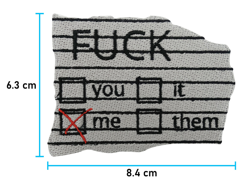 Fuck me Patch mit der Maße: 6,3 x 8,4 cm