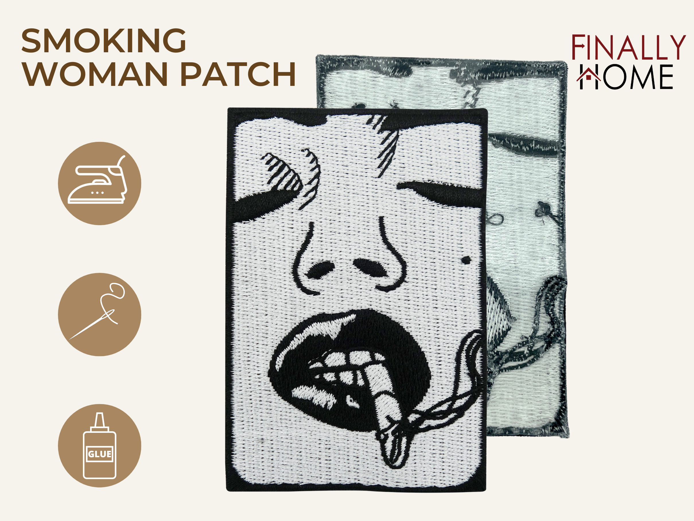 Vorder- und Rückseite des Patches, mit Bügelfolie. „Finally Home“ Logo und Nutzungsoptionen: Aufbügeln, Aufnähen, Aufkleben mit Textilkleber