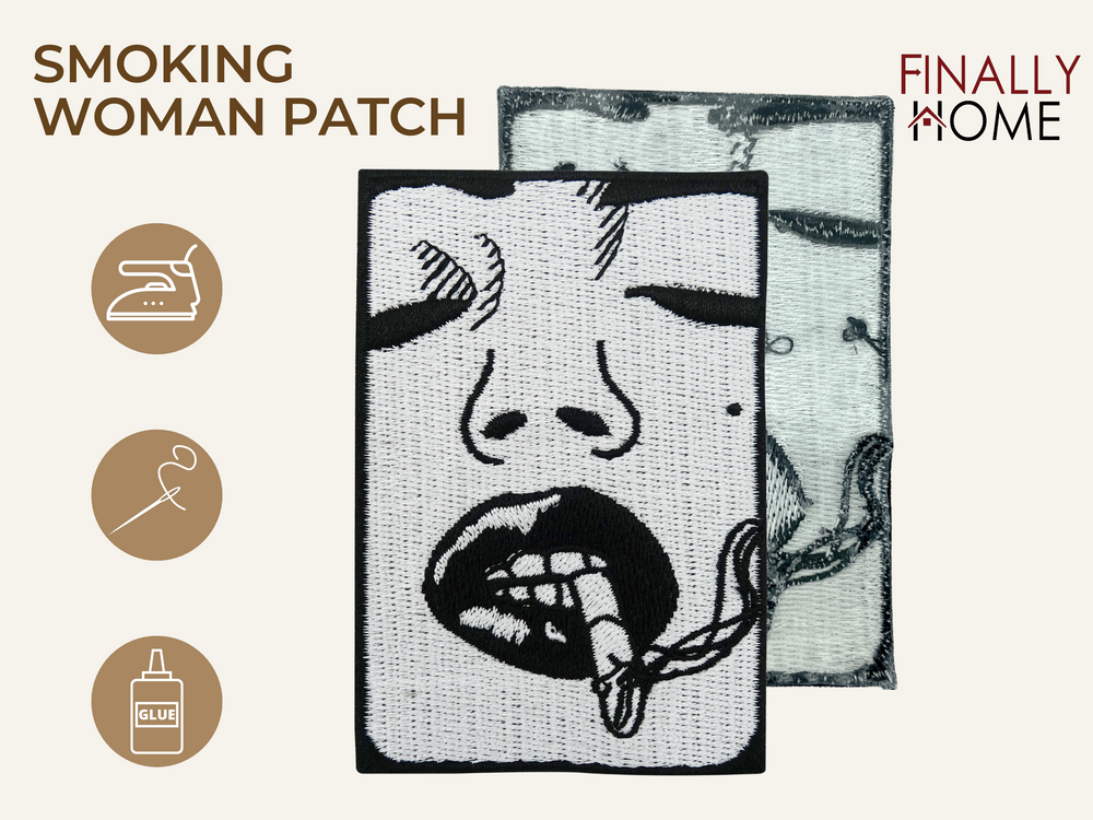 Vorder- und Rückseite des Patches, mit Bügelfolie. „Finally Home“ Logo und Nutzungsoptionen: Aufbügeln, Aufnähen, Aufkleben mit Textilkleber