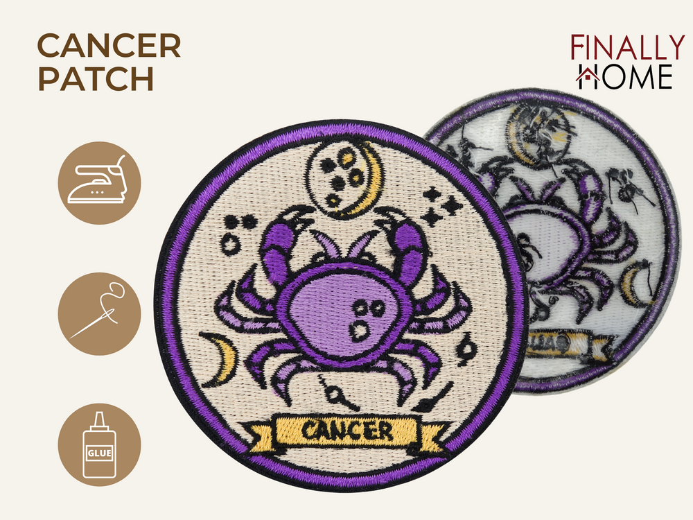 Vorder- und Rückseite des Patches, mit Bügelfolie. „Finally Home“ Logo und Nutzungsoptionen: Aufbügeln, Aufnähen, Aufkleben mit Textilkleber