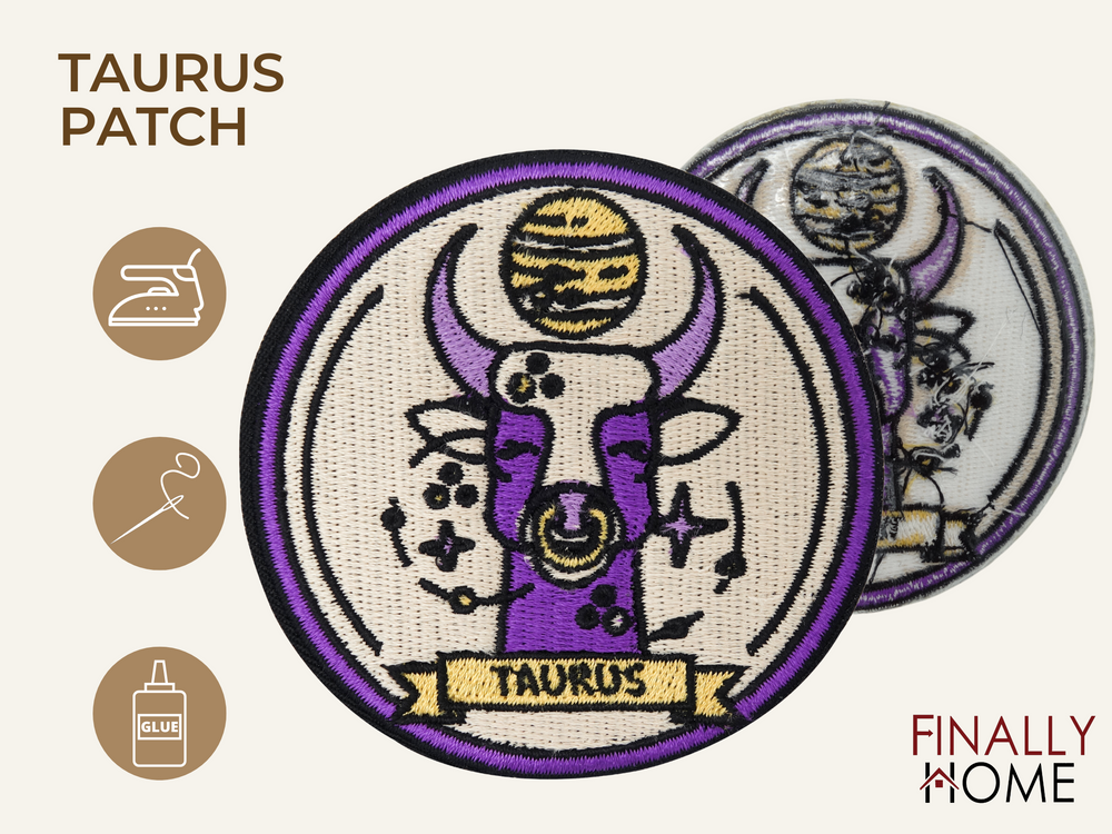 Vorder- und Rückseite des Patches, mit Bügelfolie. „Finally Home“ Logo und Nutzungsoptionen: Aufbügeln, Aufnähen, Aufkleben mit Textilkleber