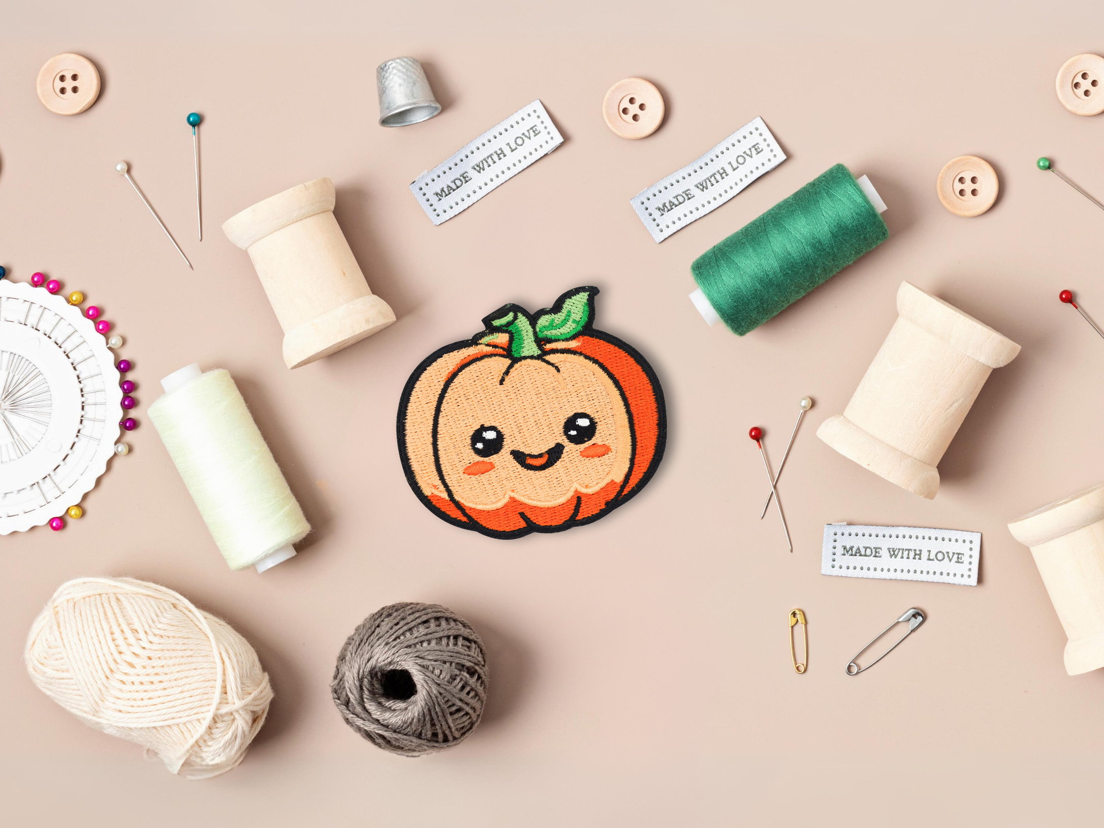 Kawaii Kürbis Patch mit nähzeug im Hintergrund