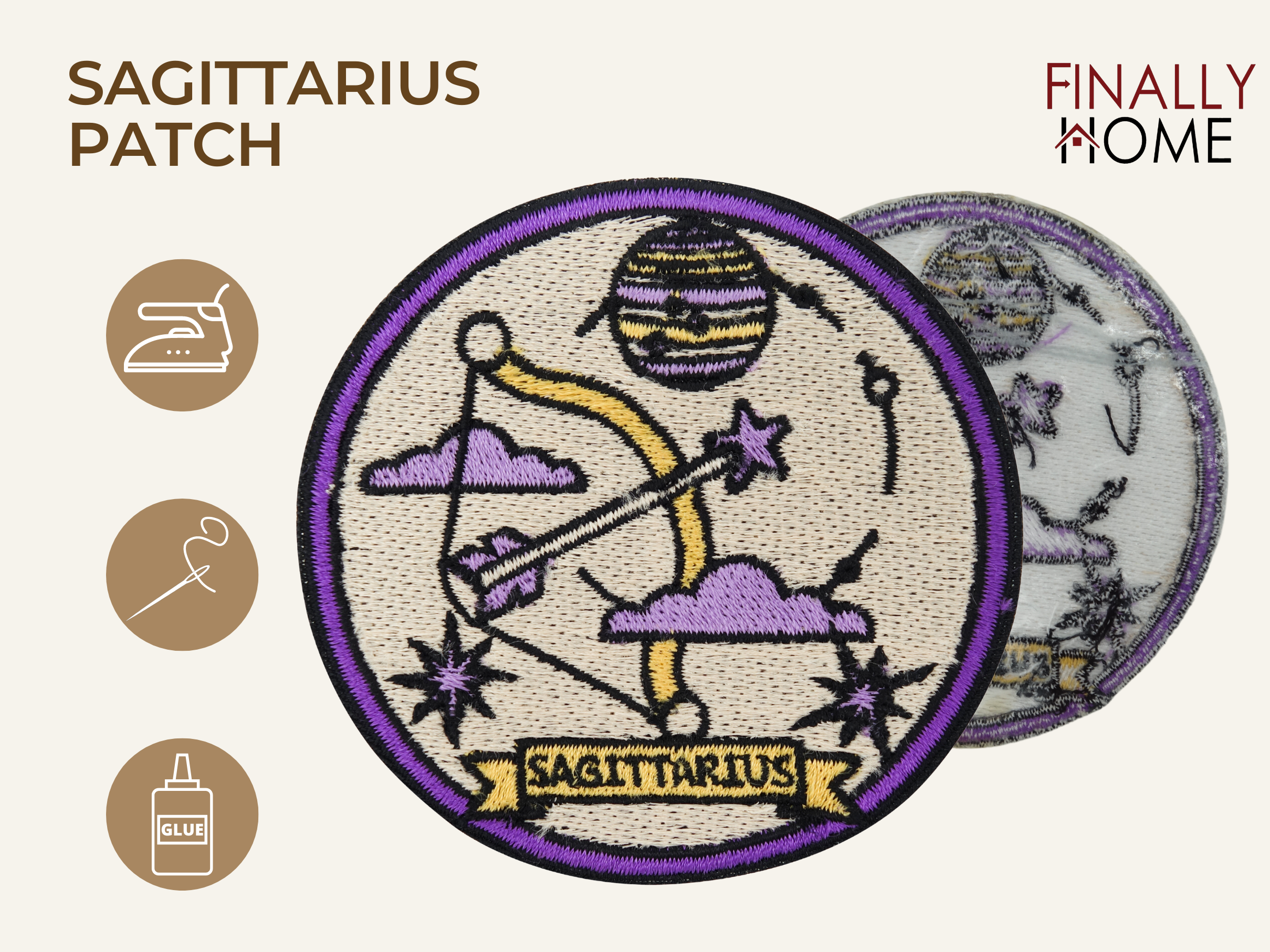 Vorder- und Rückseite des Patches, mit Bügelfolie. „Finally Home“ Logo und Nutzungsoptionen: Aufbügeln, Aufnähen, Aufkleben mit Textilkleber
