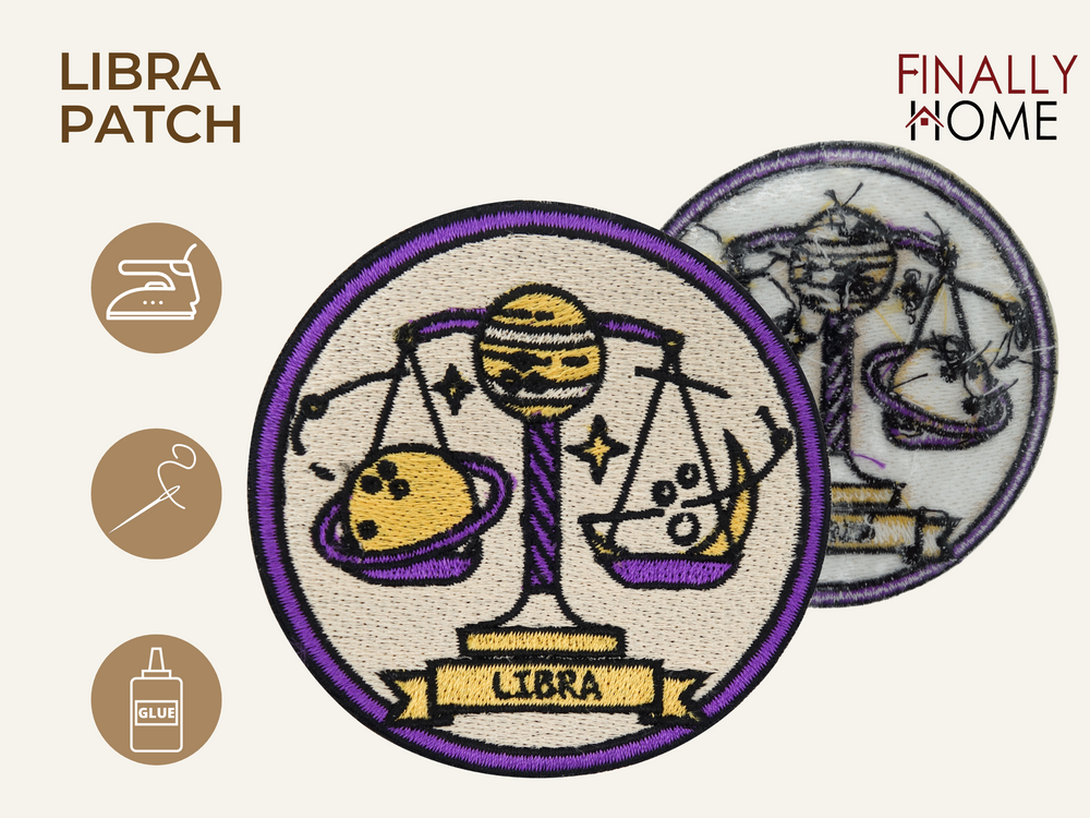 Vorder- und Rückseite des Patches, mit Bügelfolie. „Finally Home“ Logo und Nutzungsoptionen: Aufbügeln, Aufnähen, Aufkleben mit Textilkleber