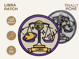 Vorder- und Rückseite des Patches, mit Bügelfolie. „Finally Home“ Logo und Nutzungsoptionen: Aufbügeln, Aufnähen, Aufkleben mit Textilkleber