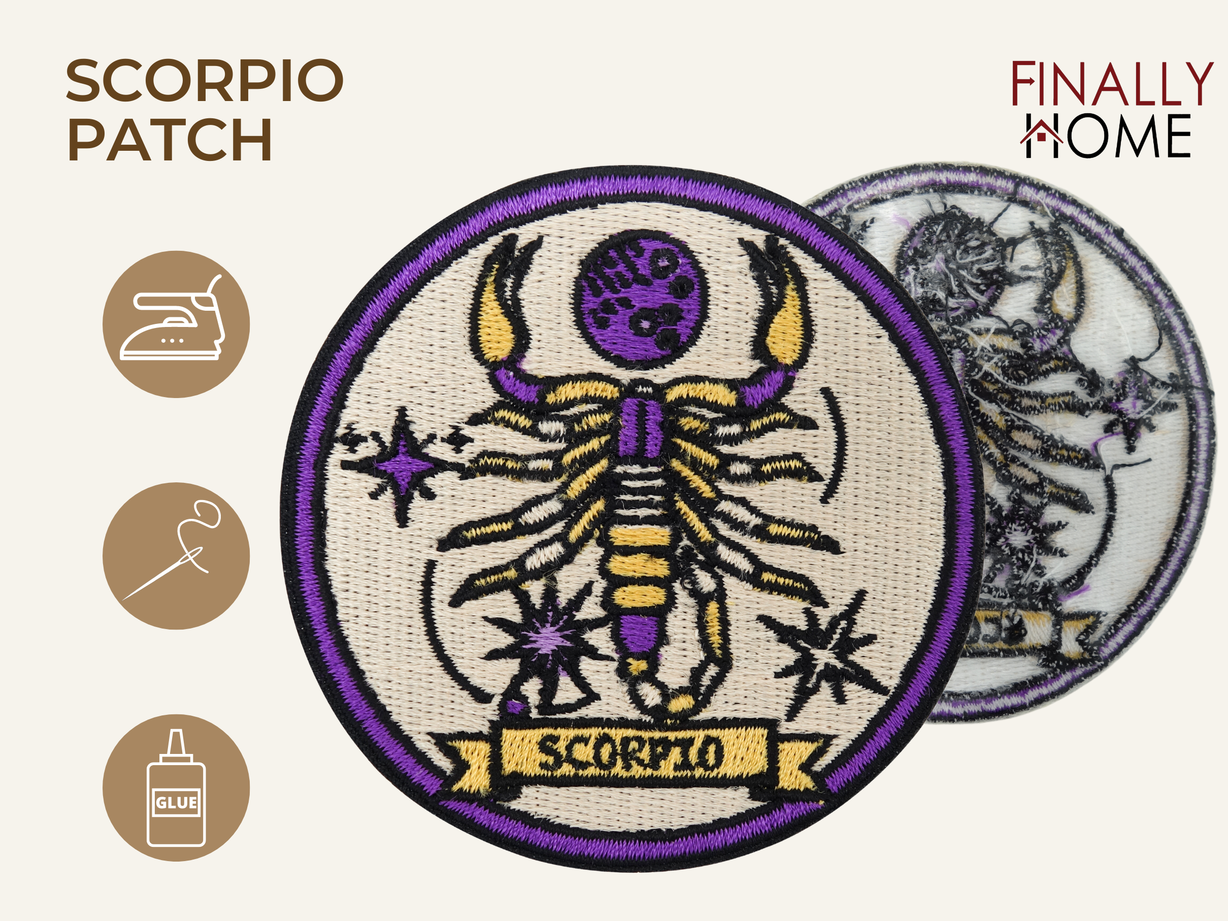 Vorder- und Rückseite des Patches, mit Bügelfolie. „Finally Home“ Logo und Nutzungsoptionen: Aufbügeln, Aufnähen, Aufkleben mit Textilkleber