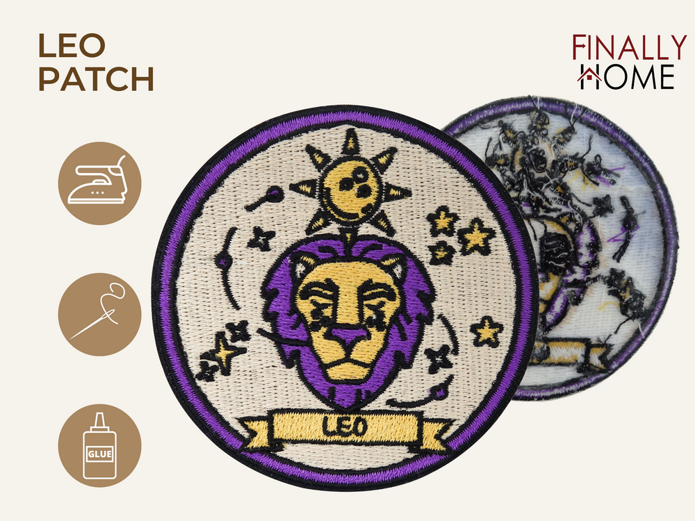 Vorder- und Rückseite des Patches, mit Bügelfolie. „Finally Home“ Logo und Nutzungsoptionen: Aufbügeln, Aufnähen, Aufkleben mit Textilkleber