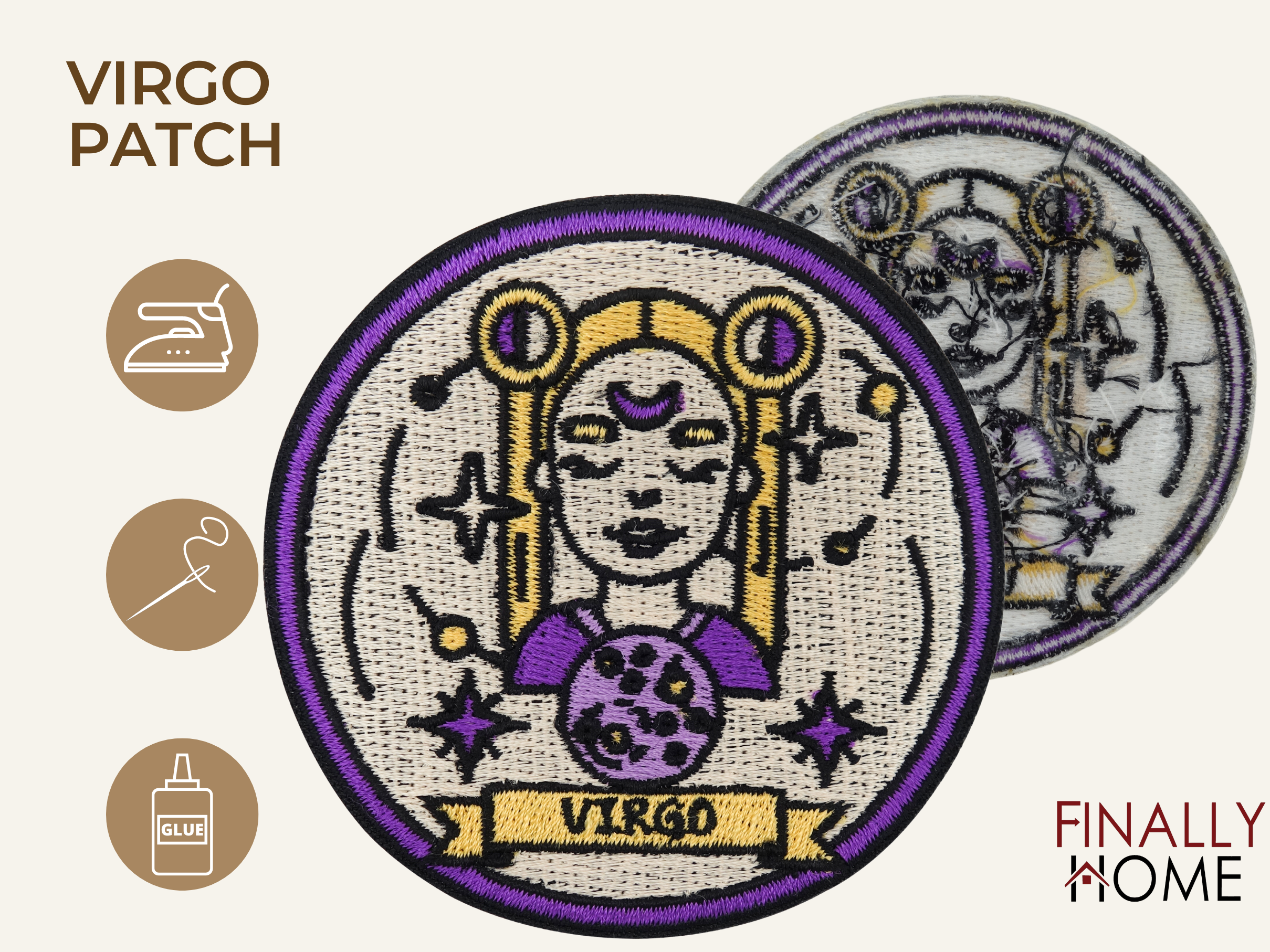 Vorder- und Rückseite des Patches, mit Bügelfolie. „Finally Home“ Logo und Nutzungsoptionen: Aufbügeln, Aufnähen, Aufkleben mit Textilkleber